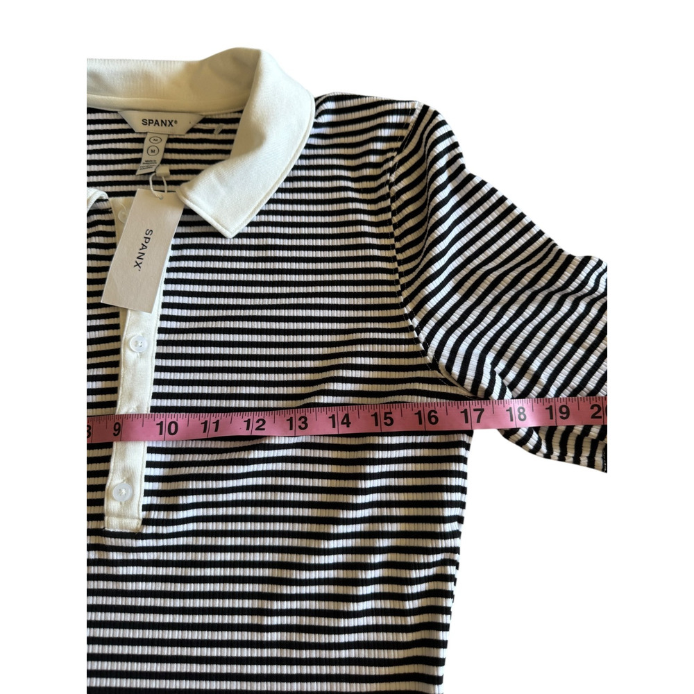 Spanx Striped Polo Top Black White Stretch Stretch Fit Short Sleeve Size M NWT - Picture 5 of 6
